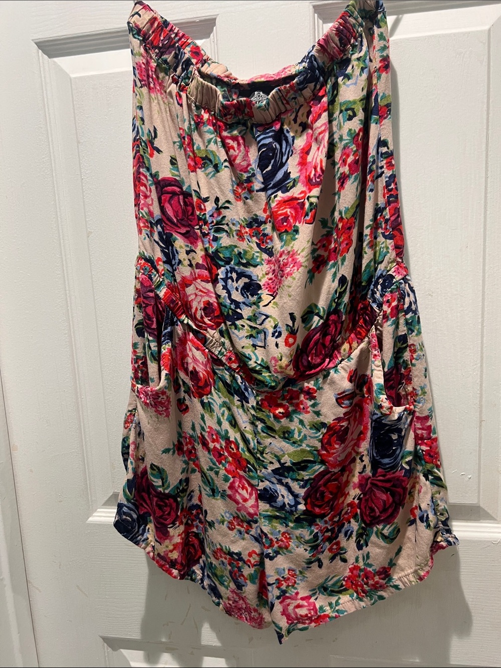 Angie Beige Floral Circle  strapless Romper with Red Pink and Navy Roses